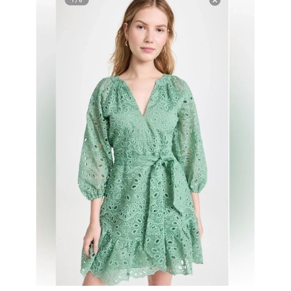 Shoshanna Adelia Sage Green Eyelet Tie Waist Dress, 8